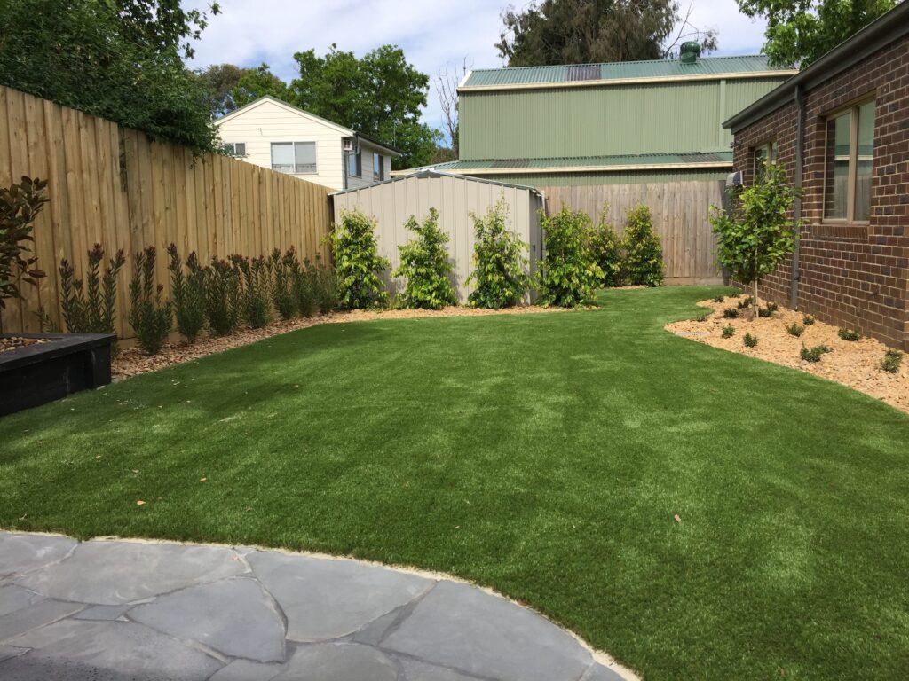 Crazy paving synthetic lawn in Mitcham by InEx Lifestyle Design landscapers